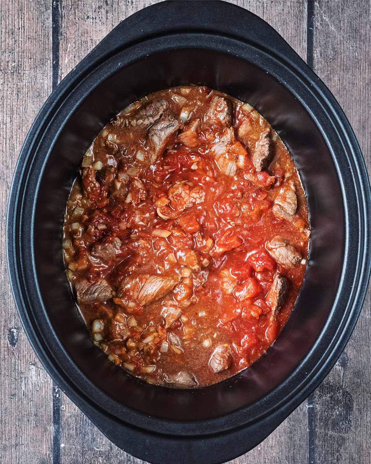 Everything mixed together in the slow cooker.