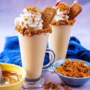 Biscoff Milkshake in tall glasses.