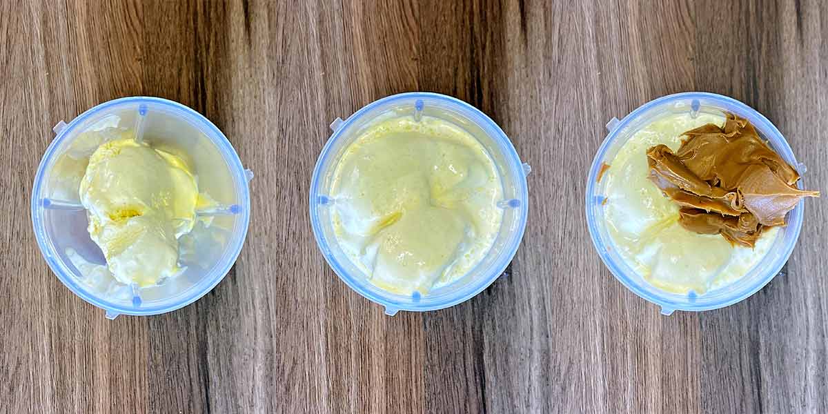 Three shot collage of a blender jug with ice cream, then milk, then Biscoff.