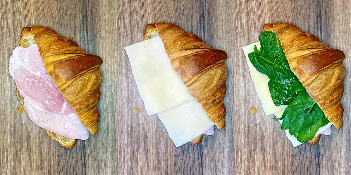 Three shot collage of an open croissant stuffed with ham, then cheese, then spinach.