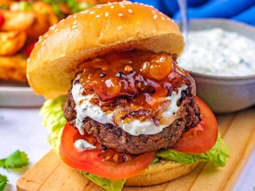 Indian Burger on a wooden serving board.