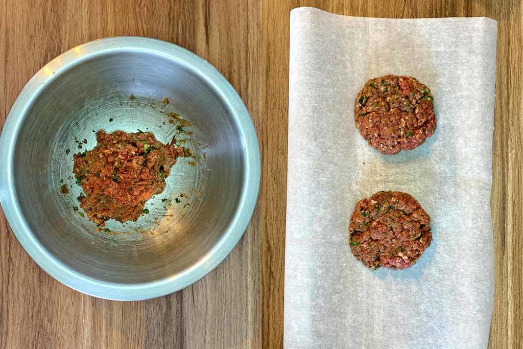 Two shot collage of burger mixture in a bowl then formed into two burger patties.