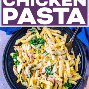 Leftover chicken pasta with a text title overlay.