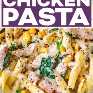 Leftover chicken pasta with a text title overlay.