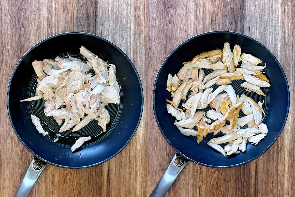 Two shot collage of cooked chicken in a pan, then browned.