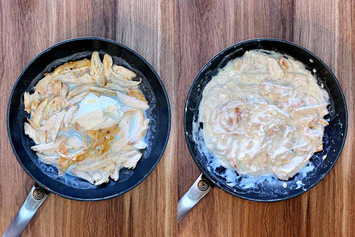 Two shot collage of cream cheese and milk added to the pan, before and after mixing.