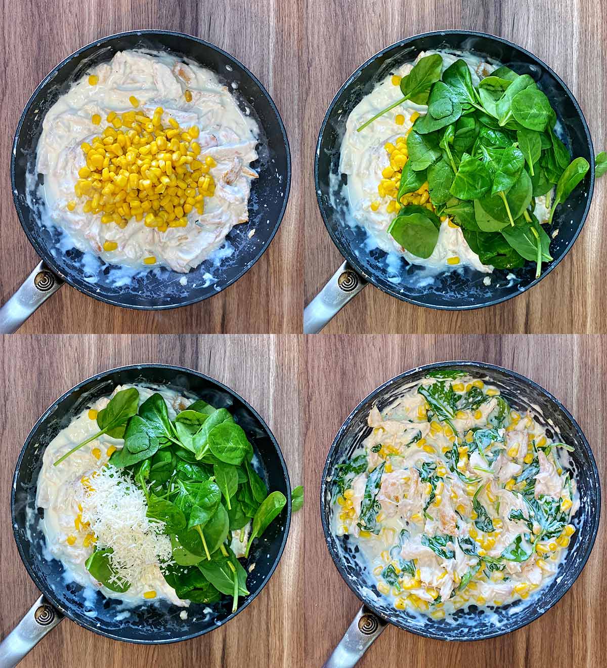 Four shot collage of sweetcorn added, then spinach, then Parmesan, then all mixed together.