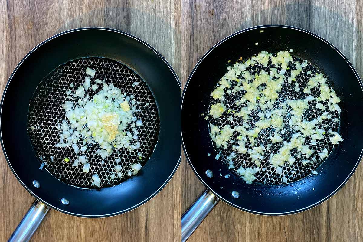 Two shot collage of chopped onions, garlic and ginger in a pan, before and after cooking.