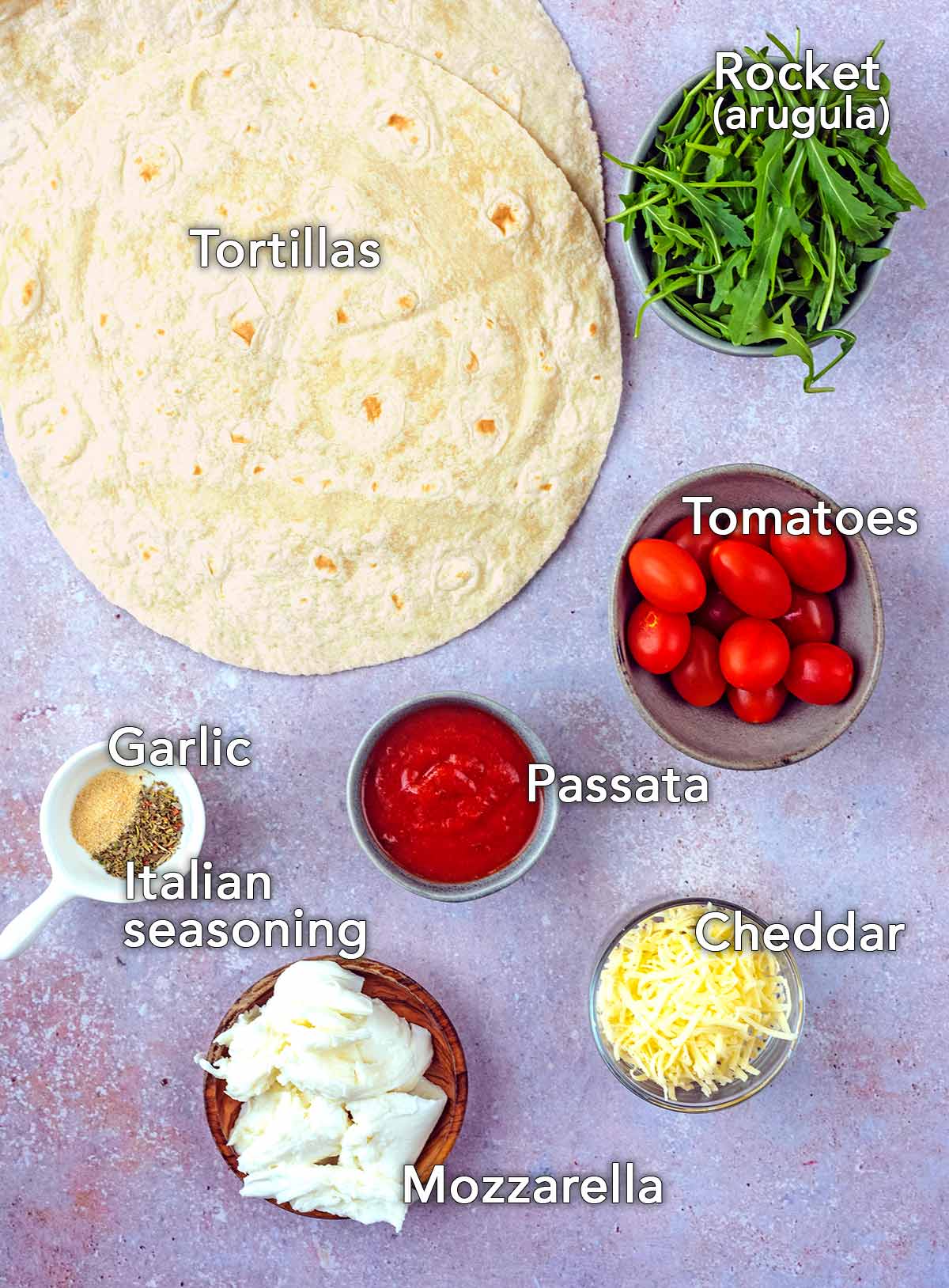 All the ingredients needed for this recipe with text overlay labels.