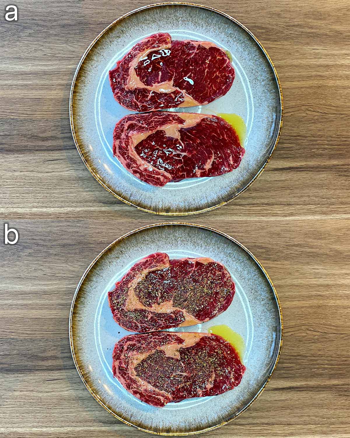 Two shot collage of two steaks on a plate first covered in oil, then with seasoning.