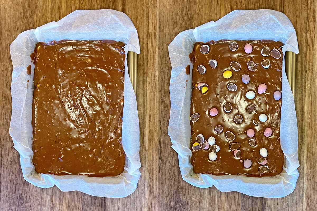 Two shot collage of a lined baking tray containing the fudge mixture, then topped with broken mini eggs.