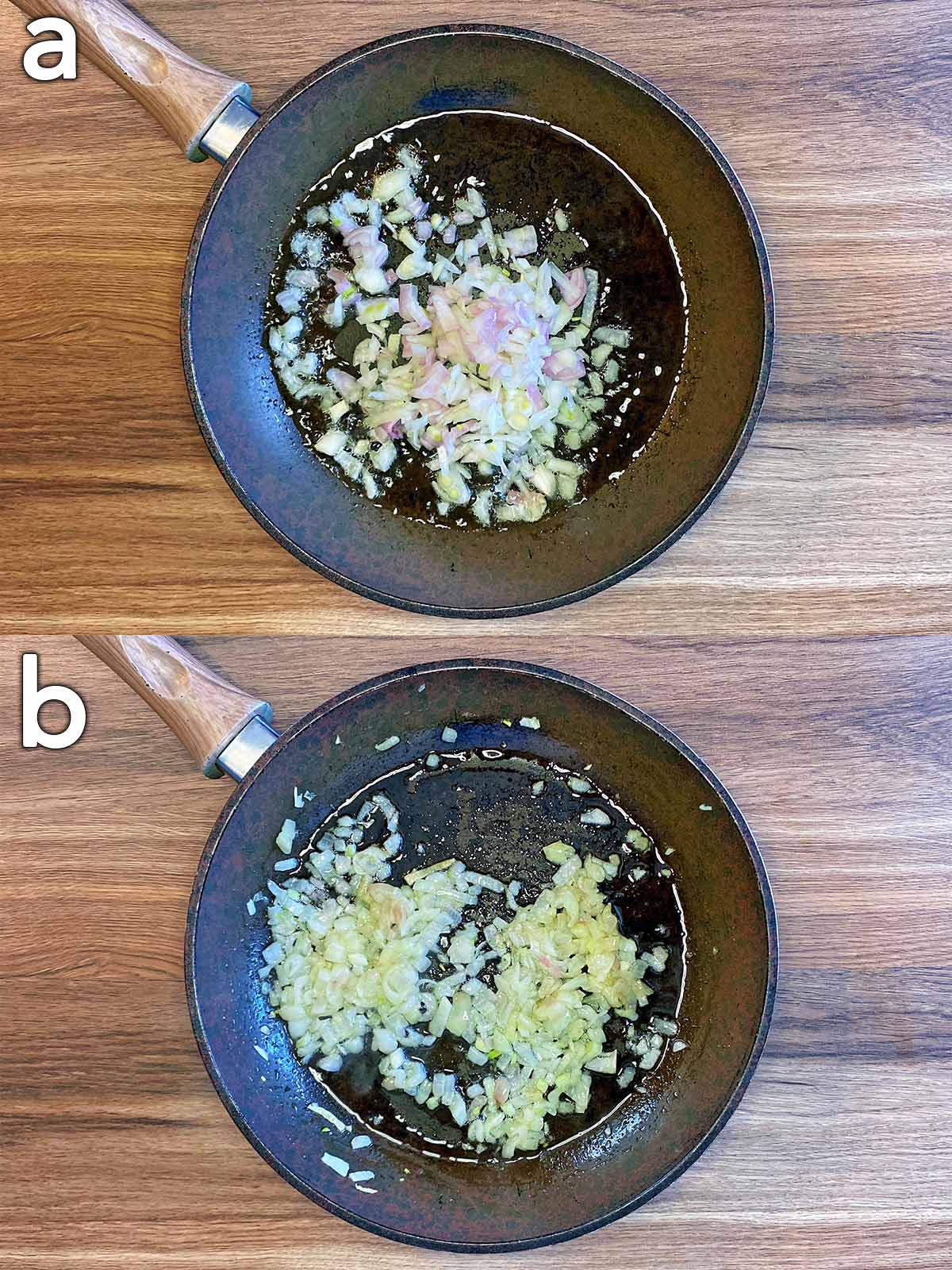 Two shot collage of shallots in a pan, before and after cooking.