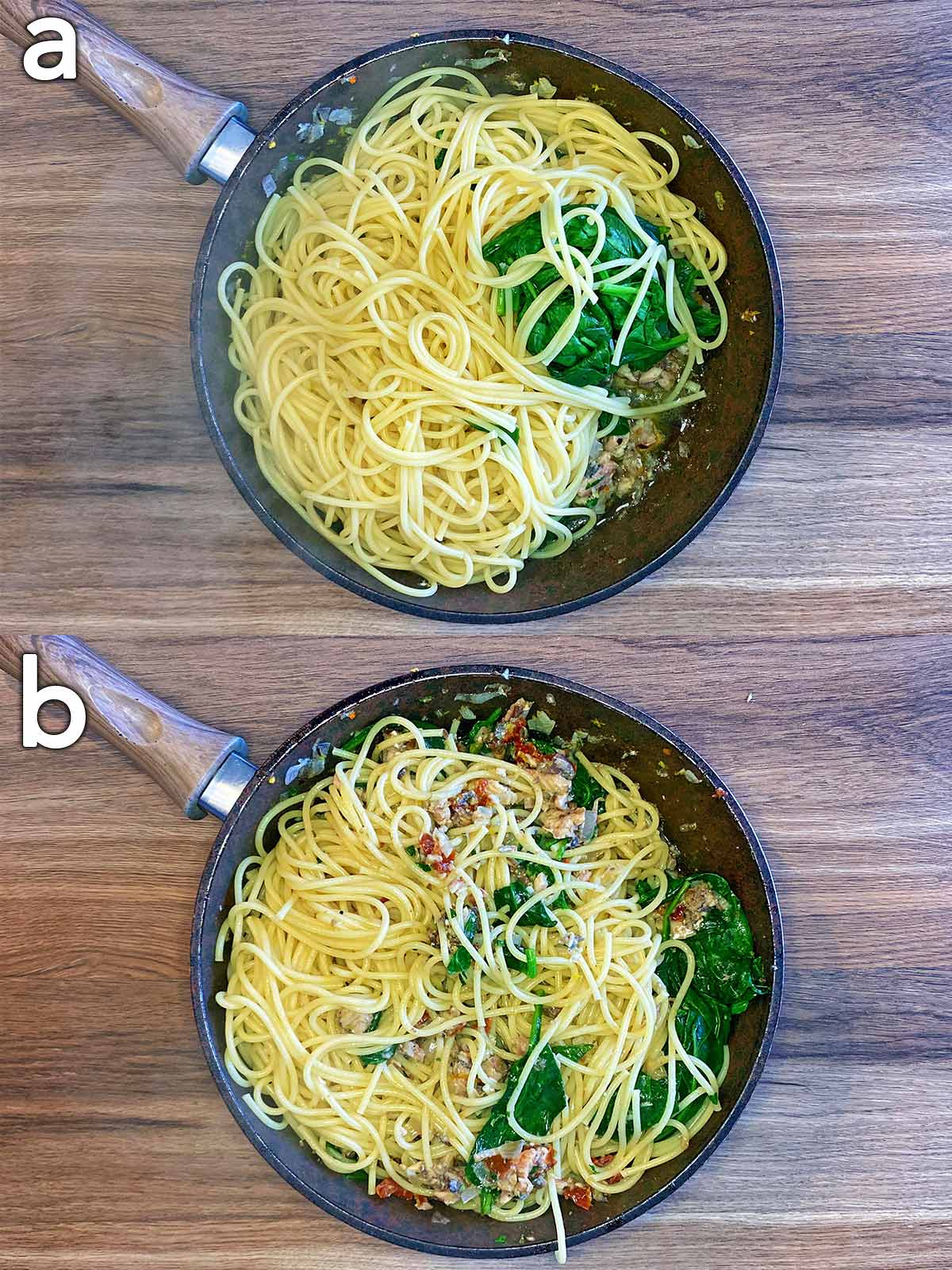 Two shot collage of the spaghetti anf spinach added to the sardine mixture, before and after mixing.