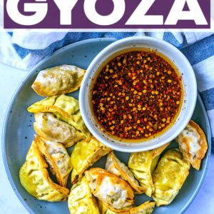 Air fryer gyoza with a text title overlay.