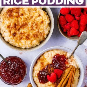 Creamy rice pudding with a text title overlay.
