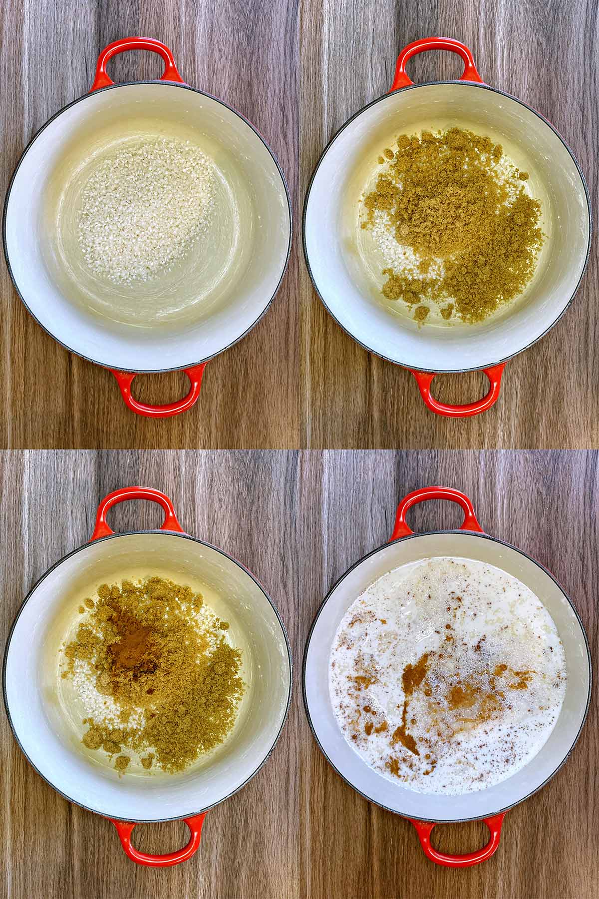 Four shot collage of rice, sugar, cinnamon, milk and vanilla added to a pan.