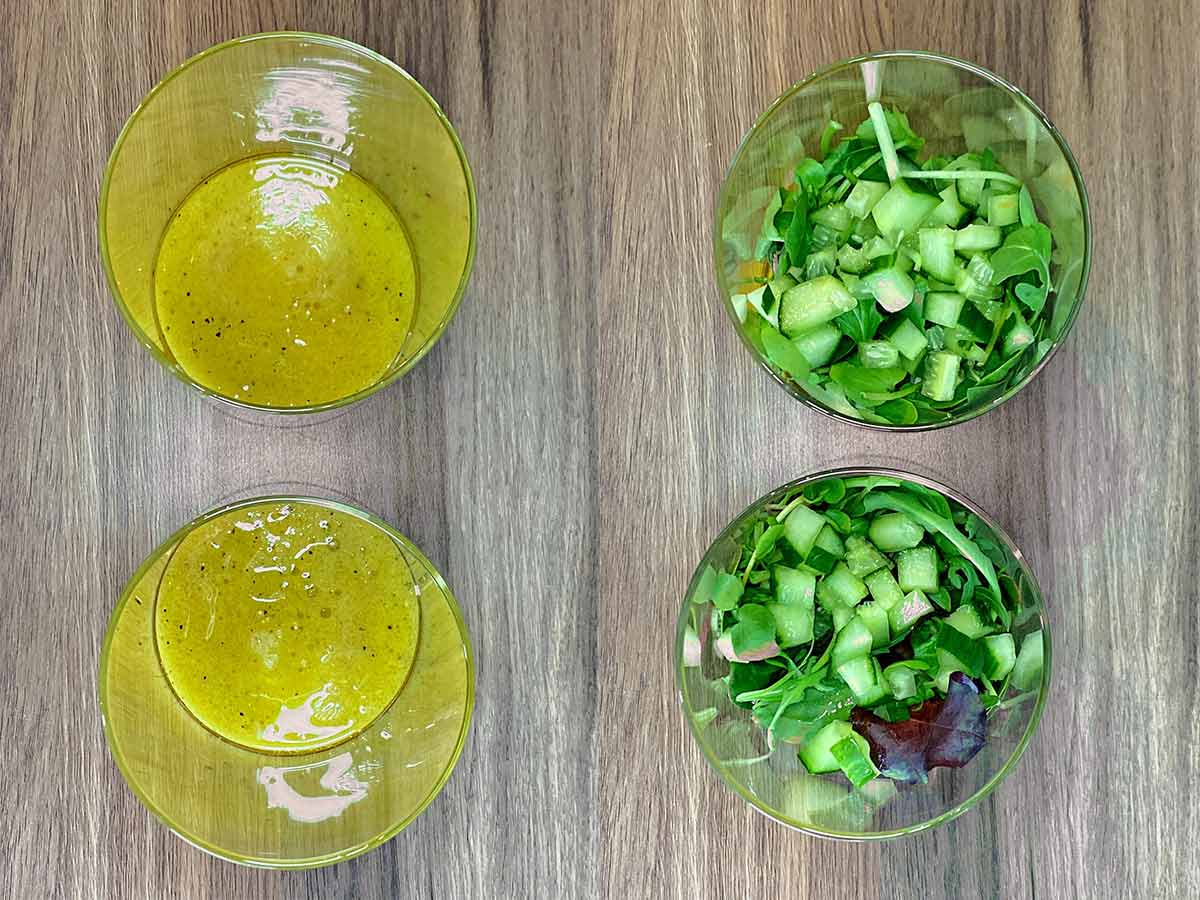 Two shot collage of two jars, first with salad dressing in the bottom, then with salad leaves and chopped cucumber.