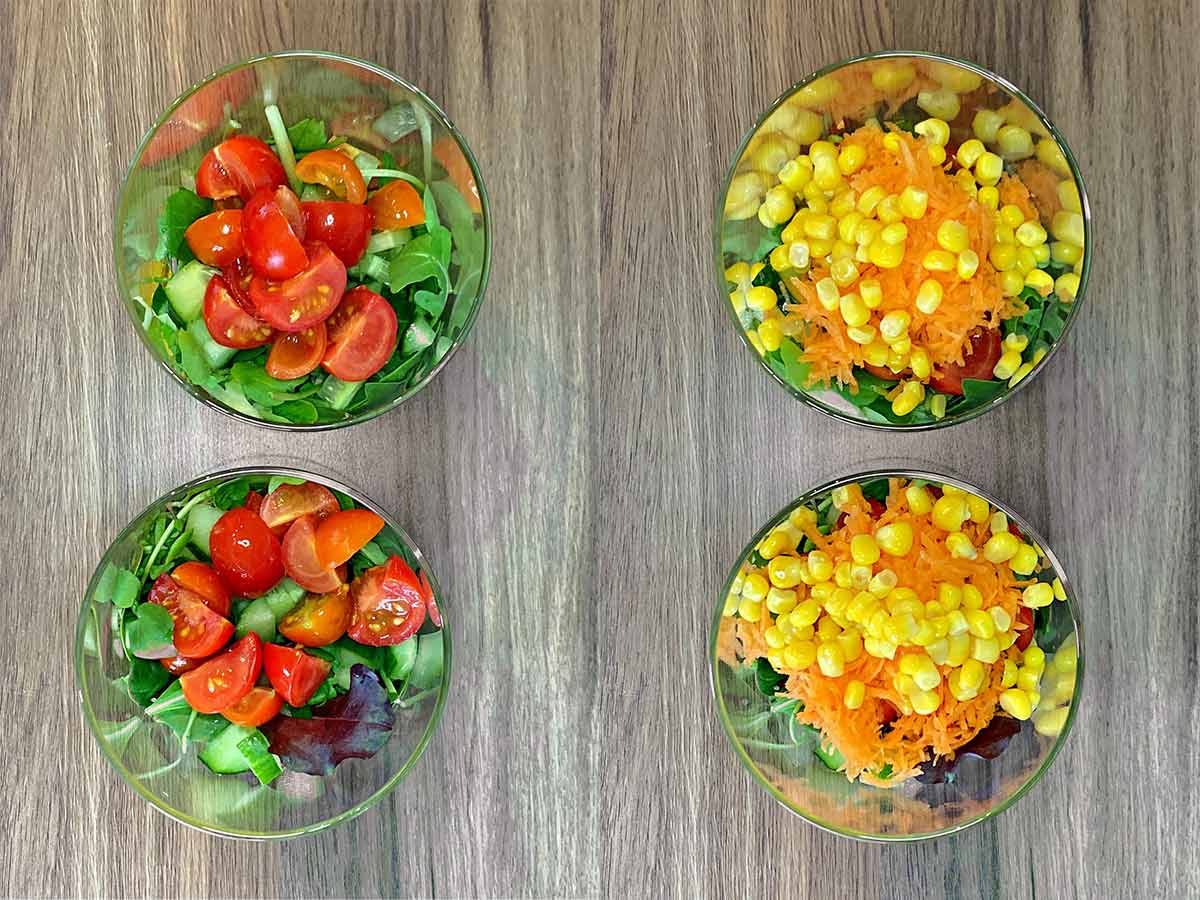 Two shot collage of tomatoes added then grated carrot and sweetcorn.