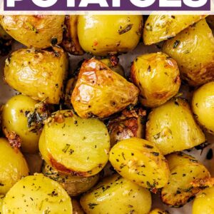 Roasted new potatoes with a text title overlay.