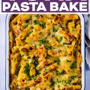 Tuna pasta bake with a text title overlay.