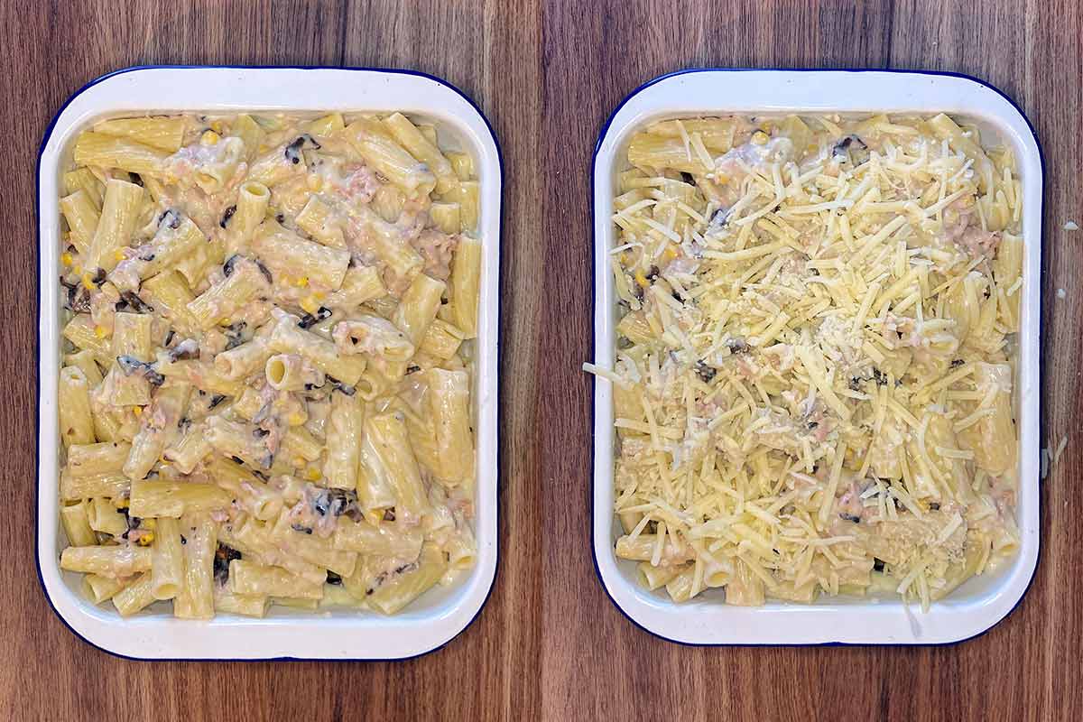 Two shot collage of a baking dish containing pasta in sauce, then topped with grated cheese.