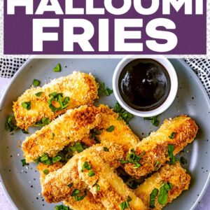 Baked halloumi fries with a text title overlay.