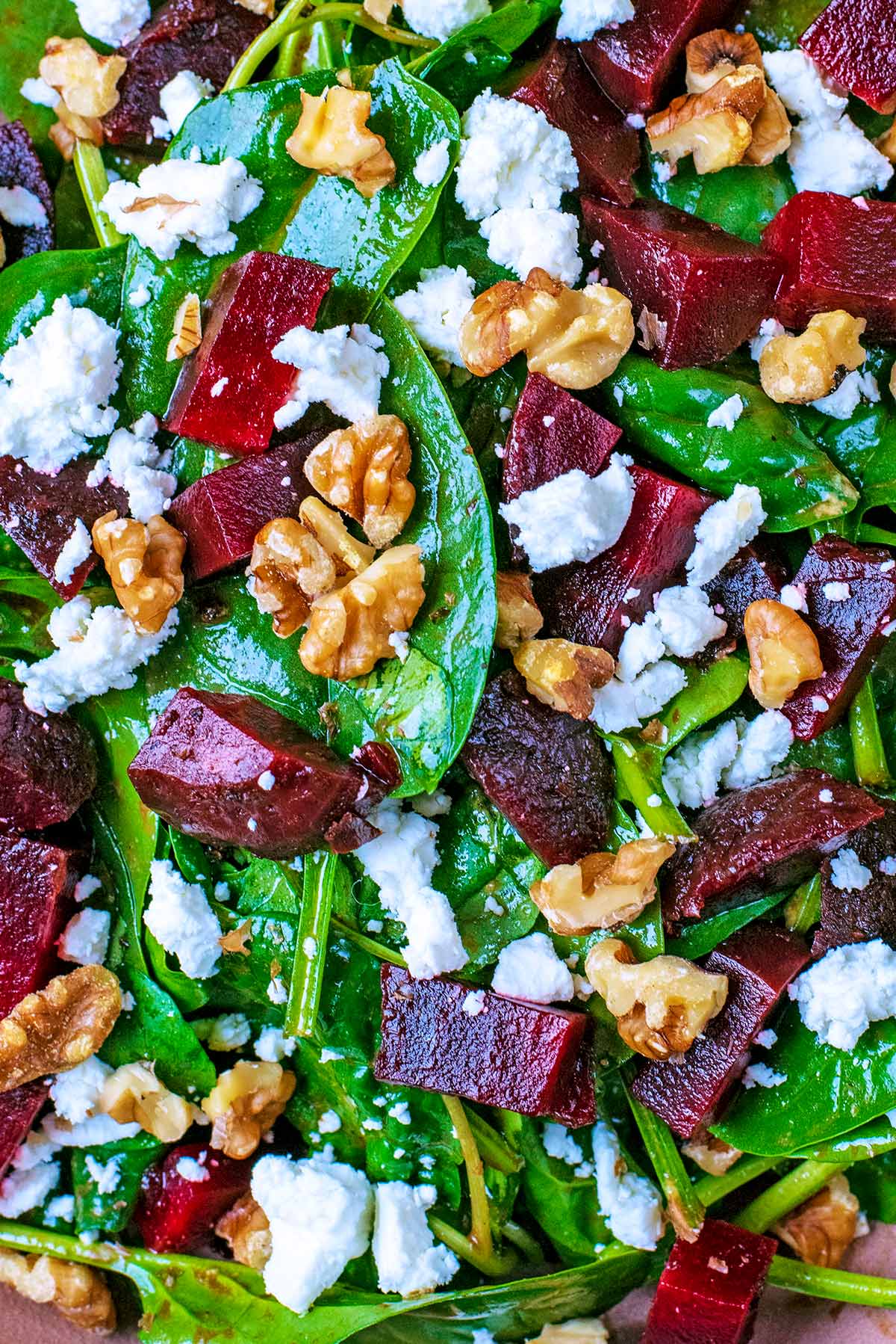 Salad leaves topped with chopped beetroot, goats cheese and walnuts.