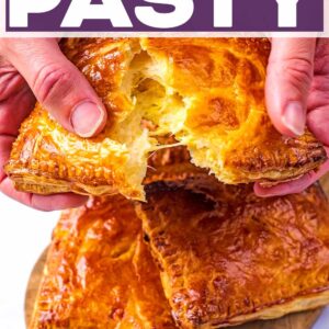 A cheese and onion pasty with a text title overlay.