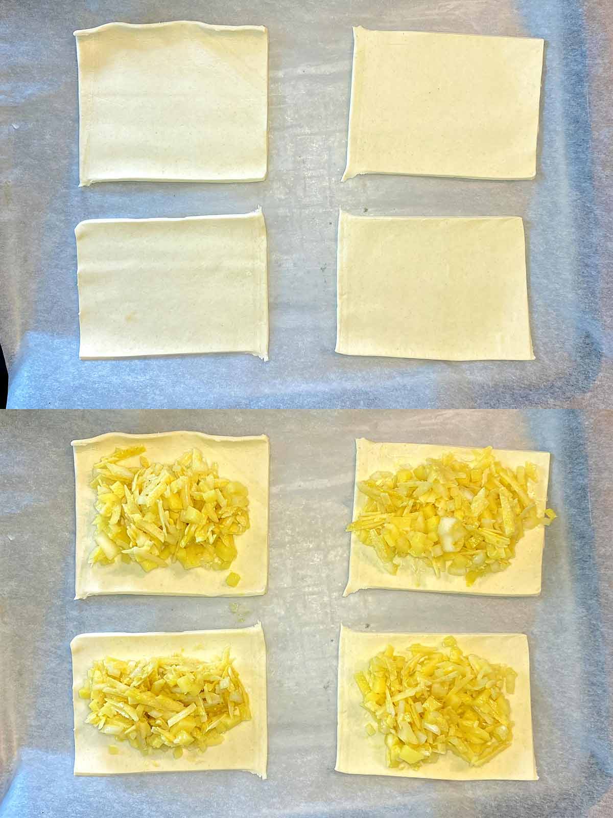 Two shot collage of four rectangles of pastry, then with them all topped with filling.