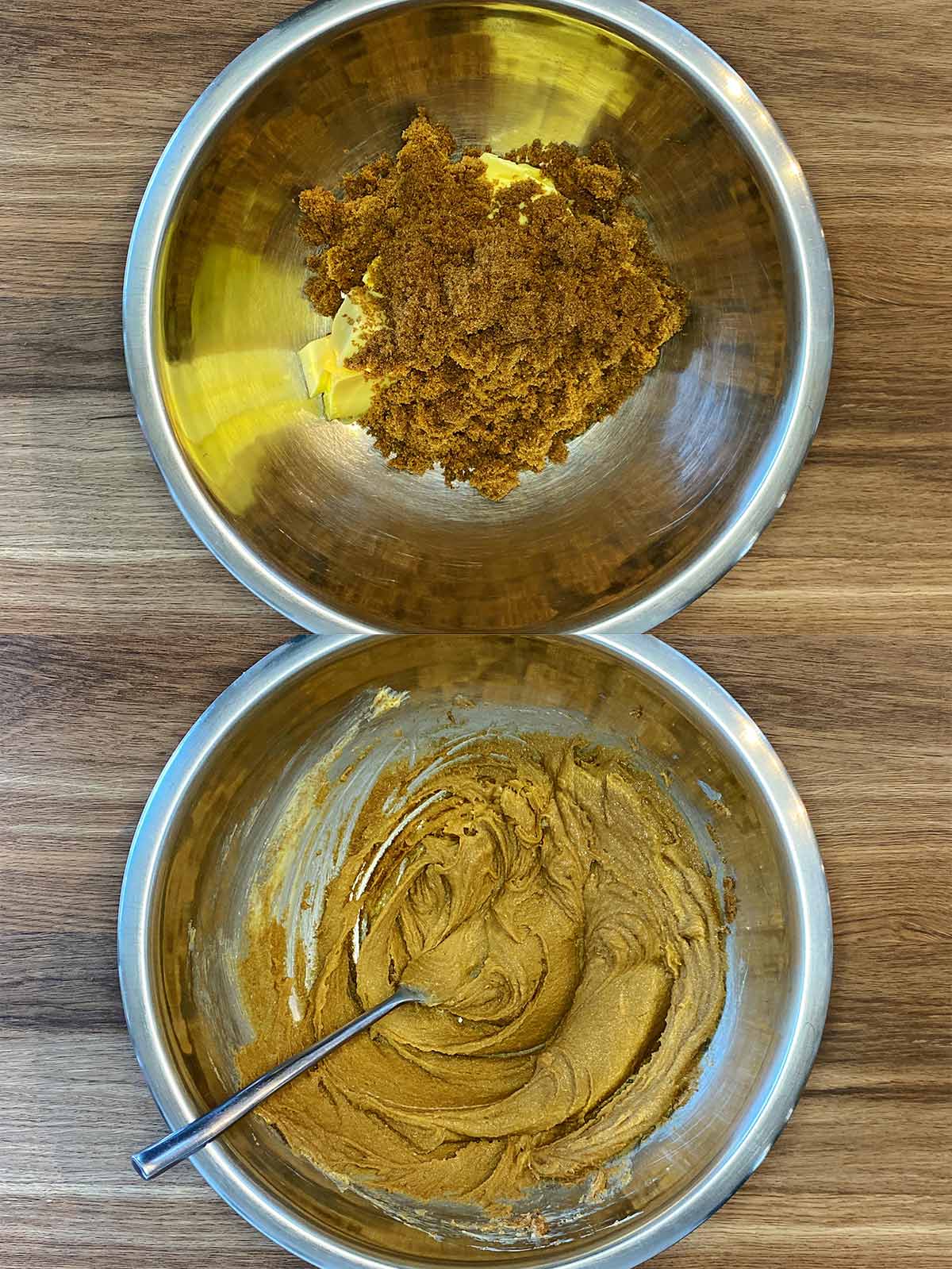 Two shot collage of butter and brown sugar in a mixing bowl, before and after mixing.
