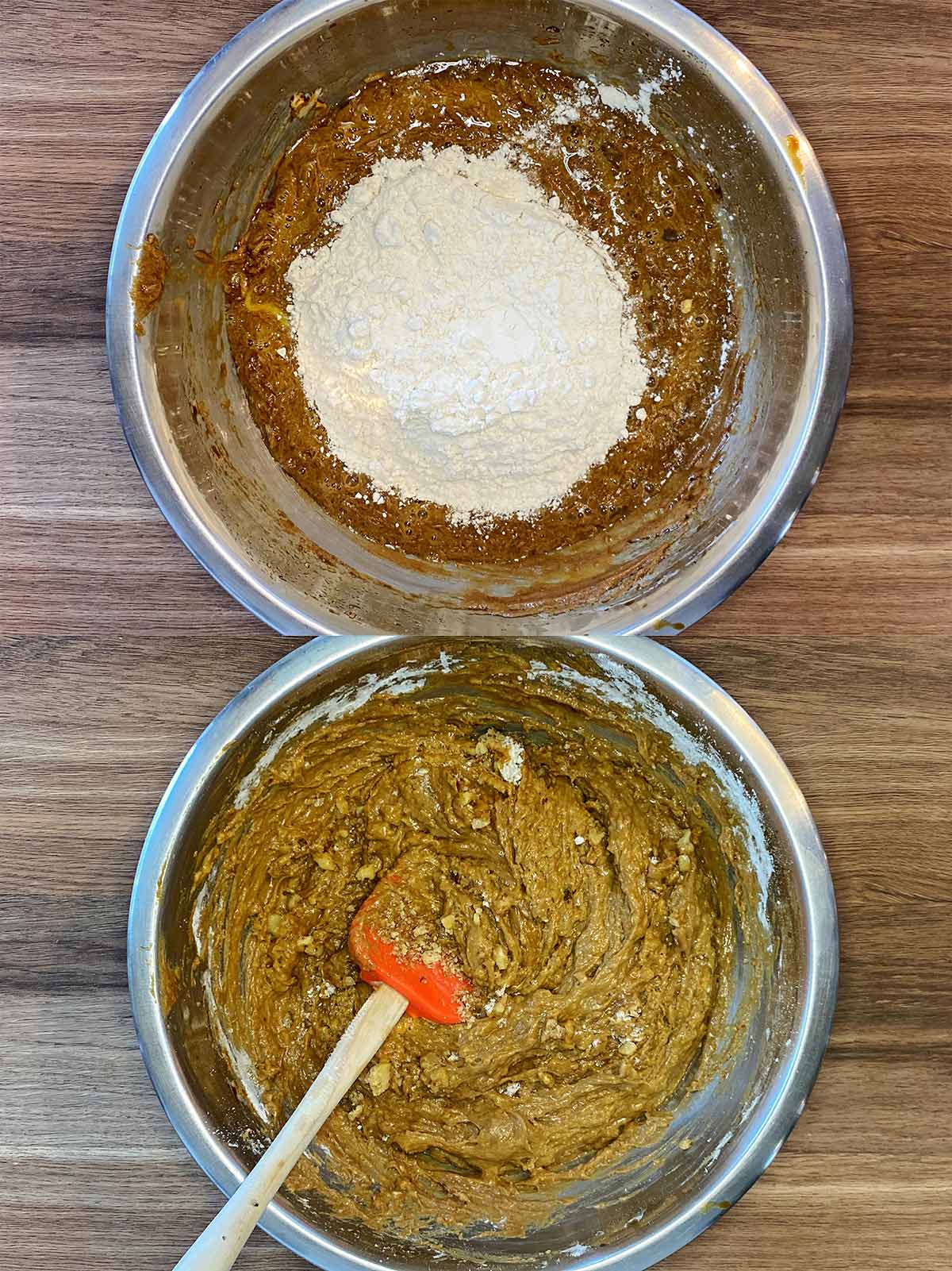 Two shot collage of flour and walnuts added to the mixture, before and after mixing.