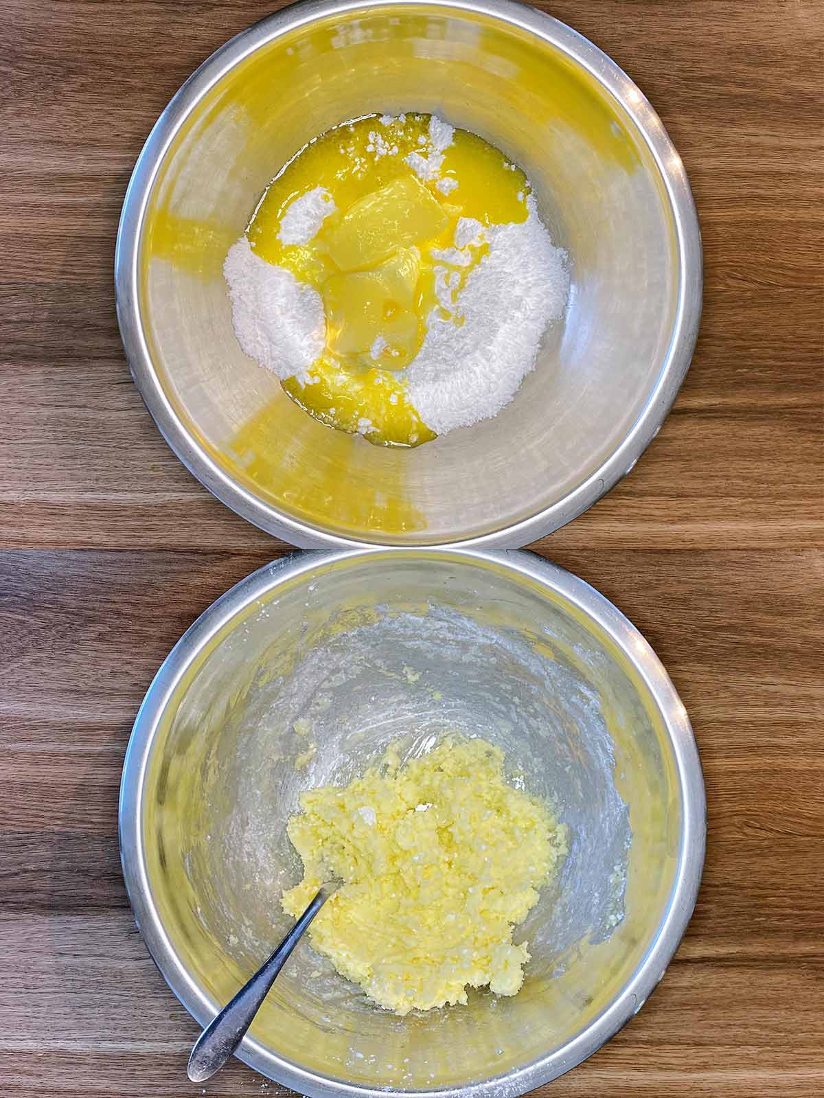 Two shot collage of icing sugar and butter in a bowl, then mixed into butter cream.