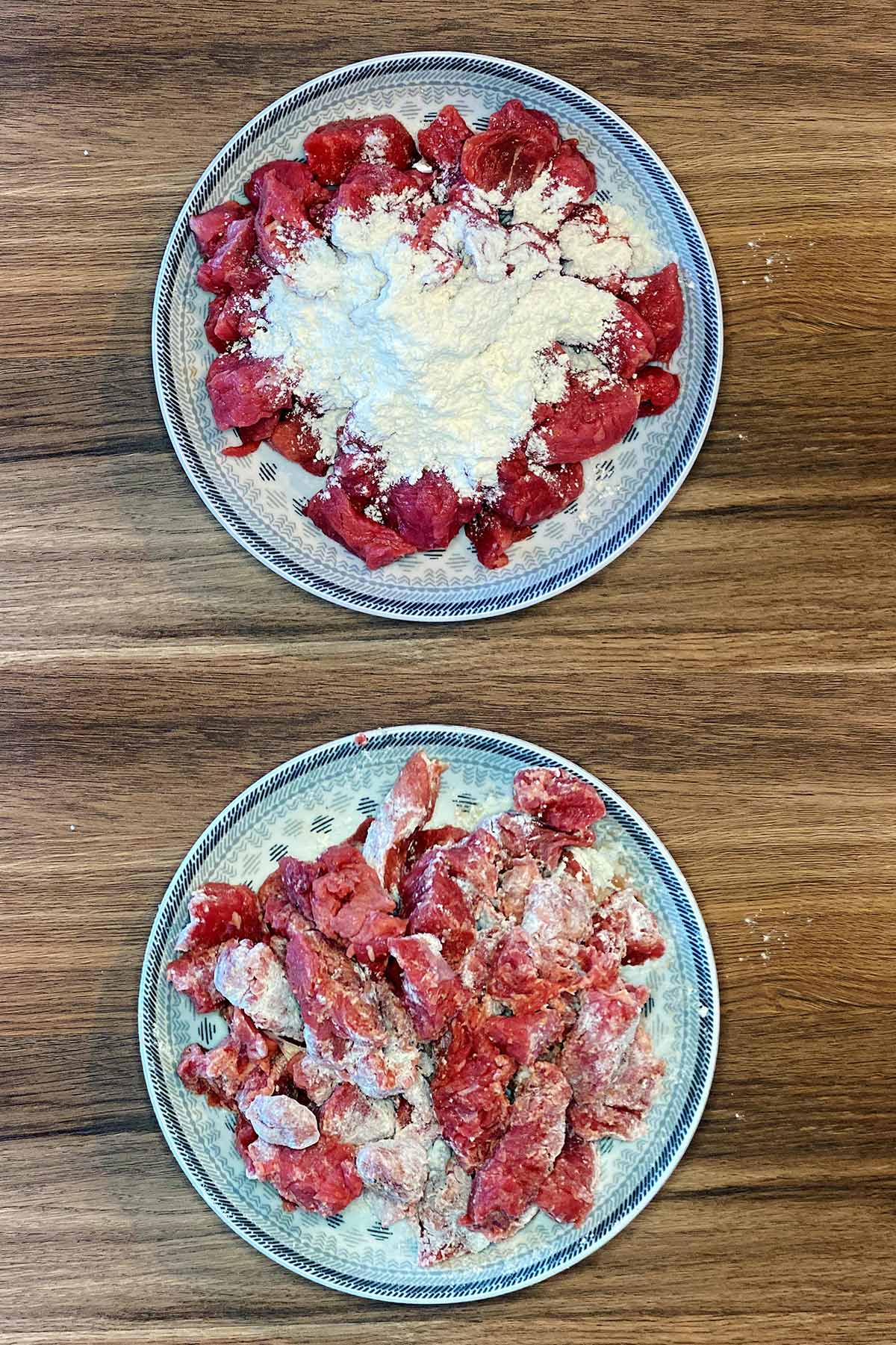 Two shot collage of beef chunks and flour on a plate, before and after mixing.