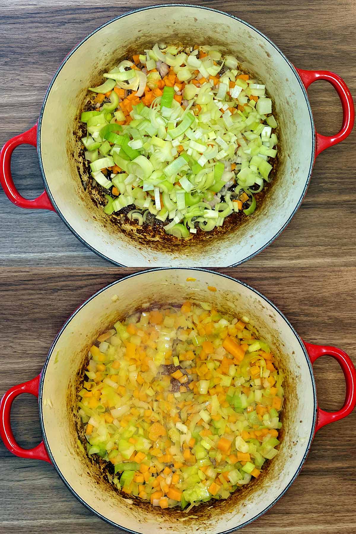 Chopped celery, leeks and carrot in a pan, before and after cooking.