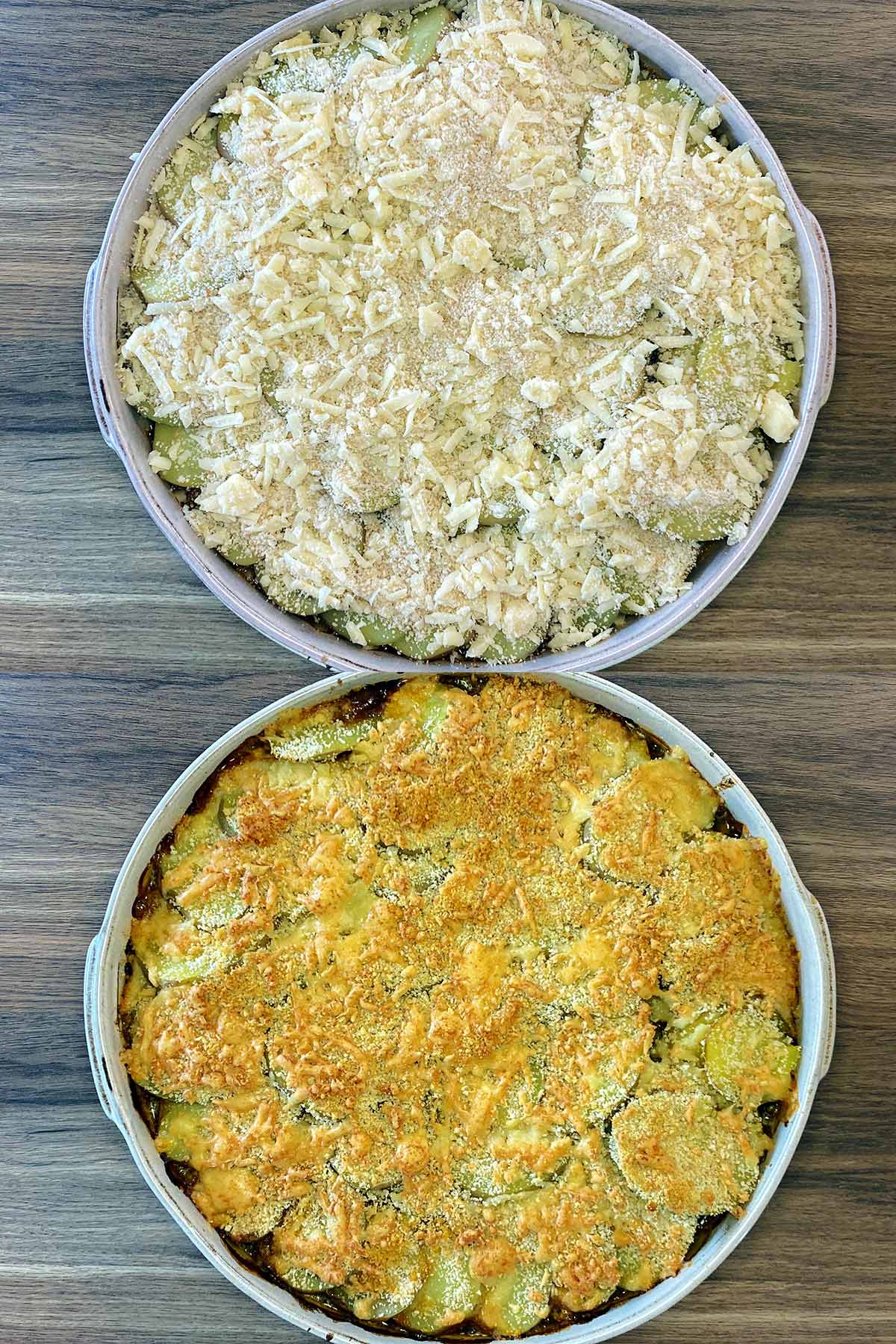 Two shot collage of cheese and breadcrumbs on top of the pie, before and after cooking.