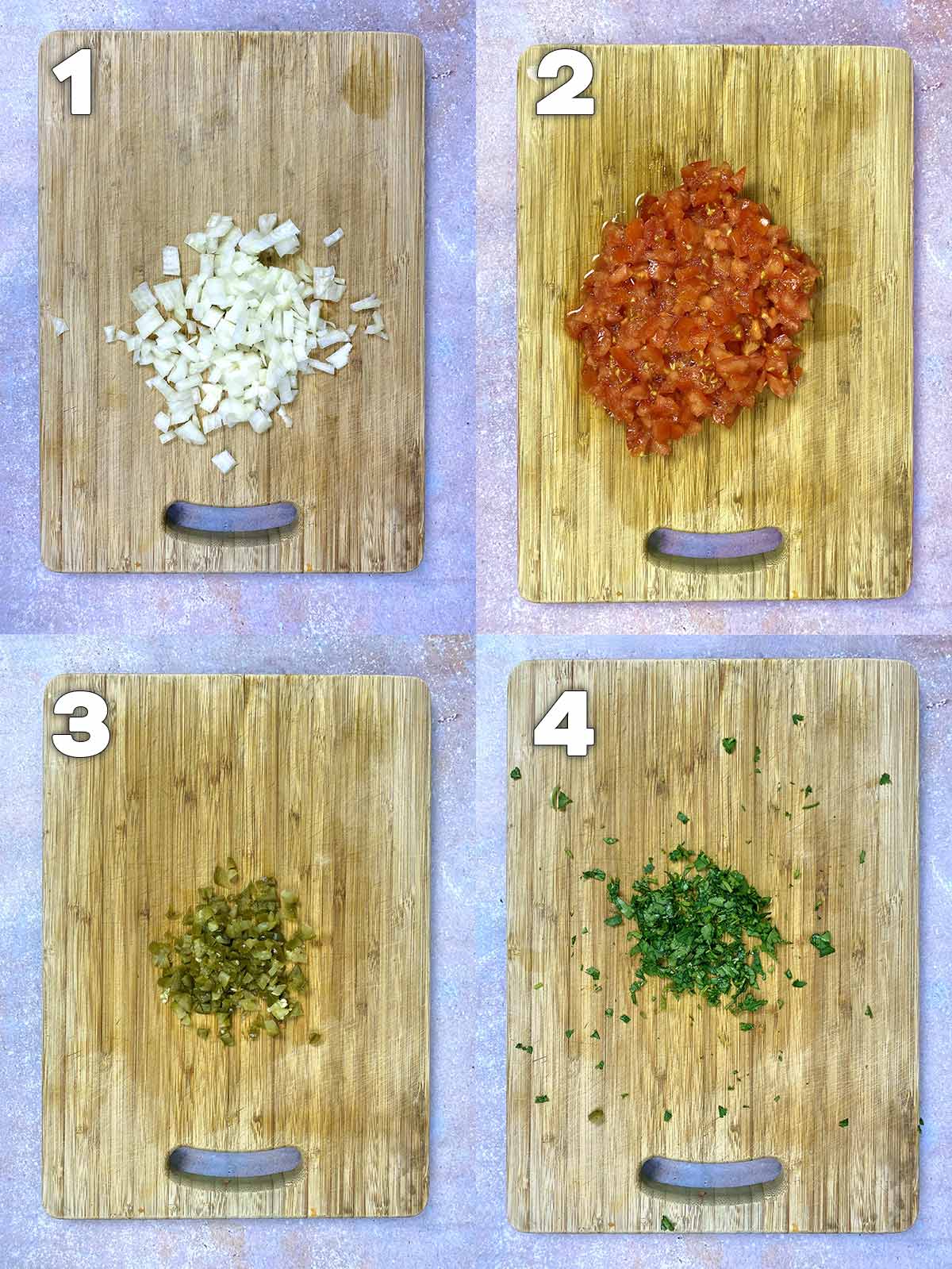 Four shot numbered collage of onions, tomatoes, jalapenos and coriander chopped on a wooden board.
