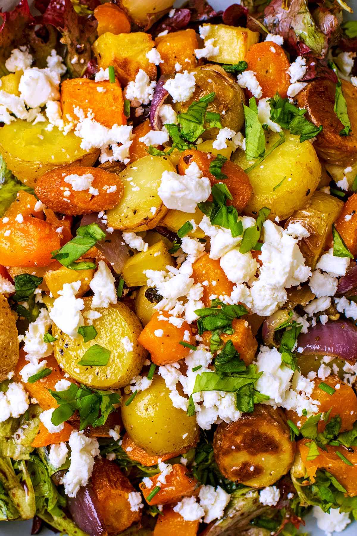 Chopped and roasted potatoes, carrots, parsnips and butternut squash with feta.