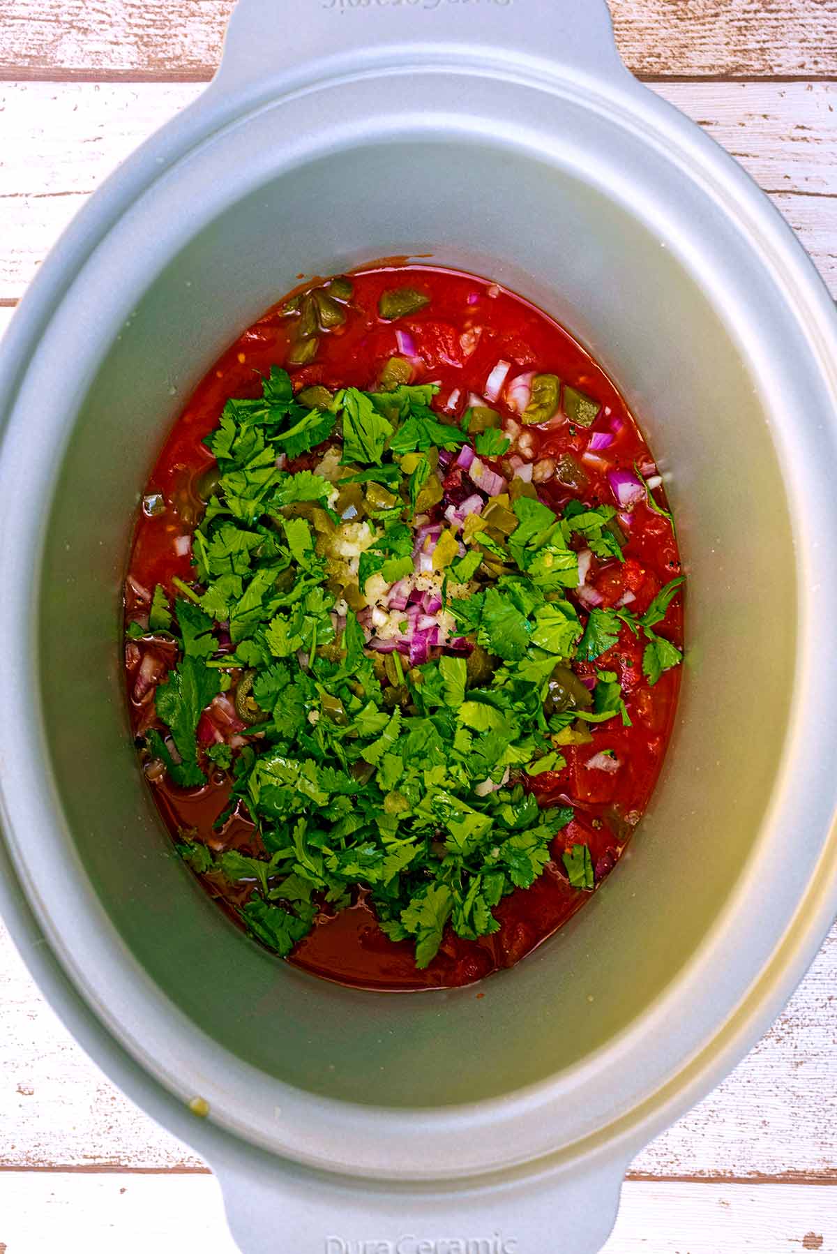 A slow cooker pot containing chicken breasts, salsa and herbs.