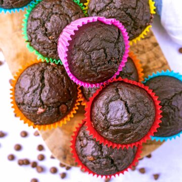 Eight Healthy Chocolate Muffins in colourful paper cases.