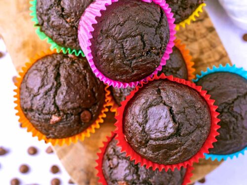 Eight Healthy Chocolate Muffins in colourful paper cases.
