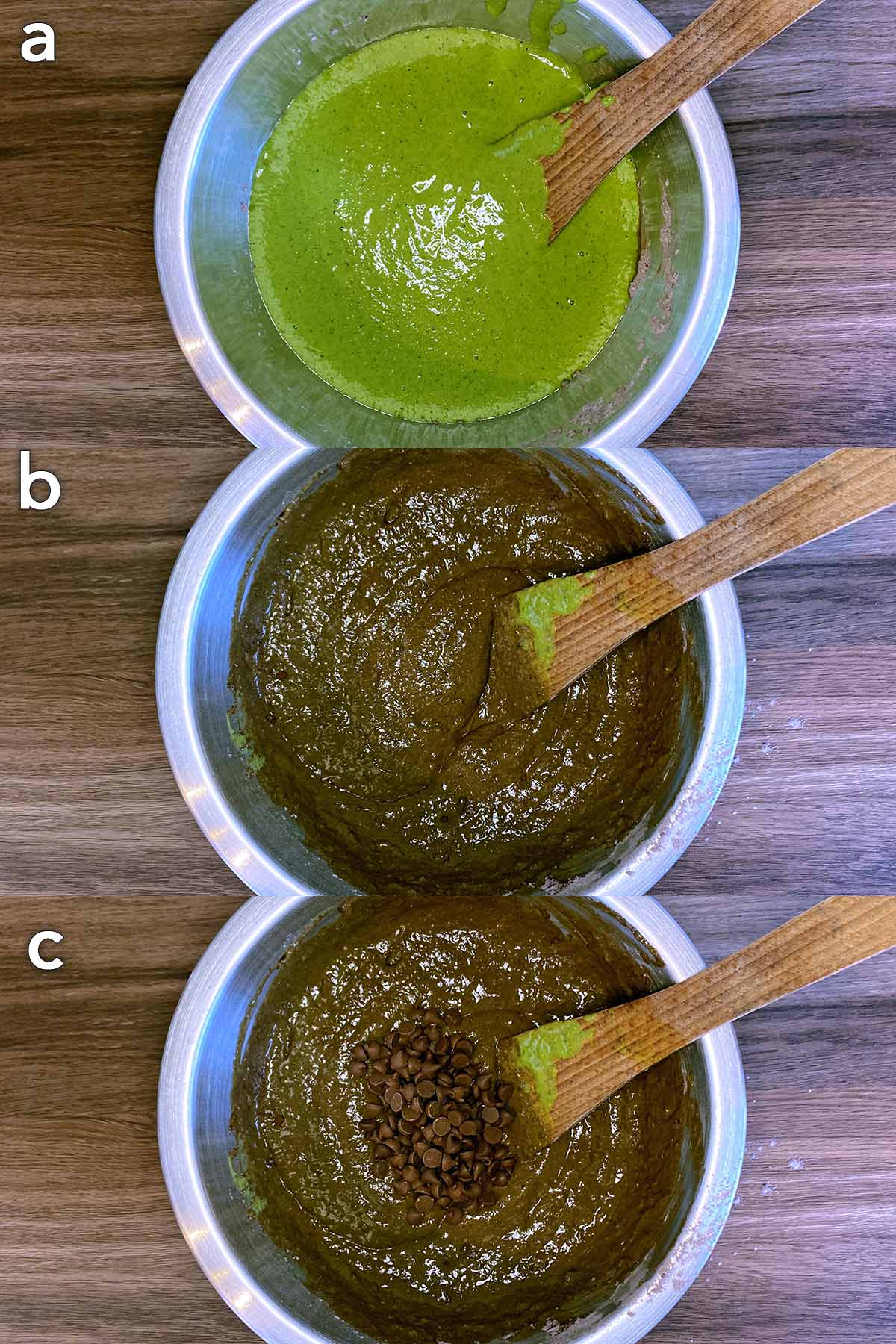 Three shot collage of the different ingredients being mixed together.
