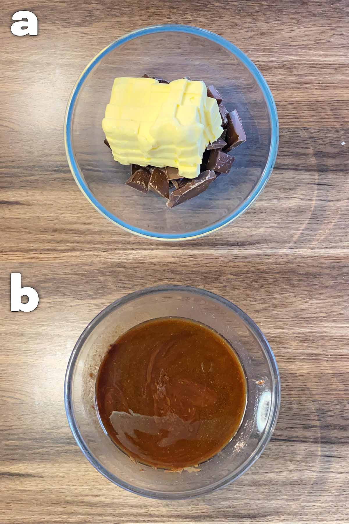 Two shot collage of butter and chocolate in a glass bowl, before and after melting.