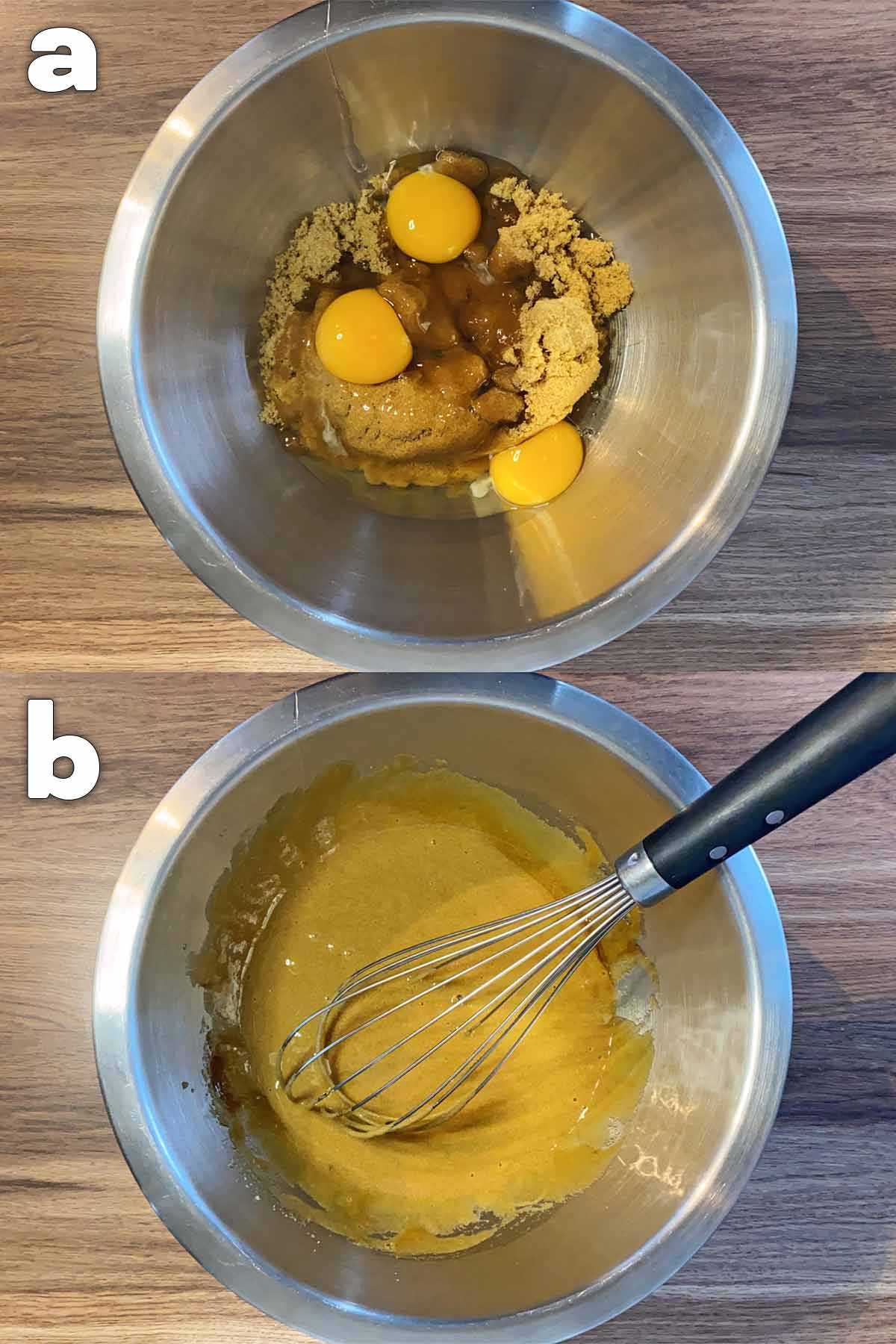 Two shot collage of cracked eggs and brown sugar in a mixing bowl, before and after being beaten together.
