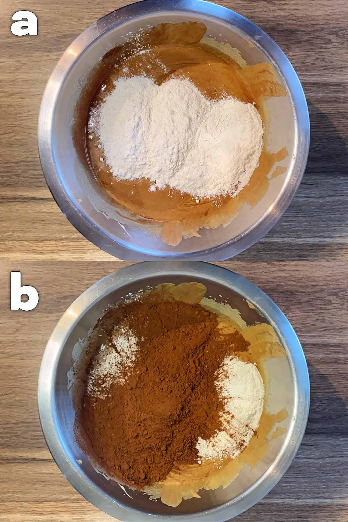 Two shot collage of flour and cocoa added to the batter, before and after mixing together.