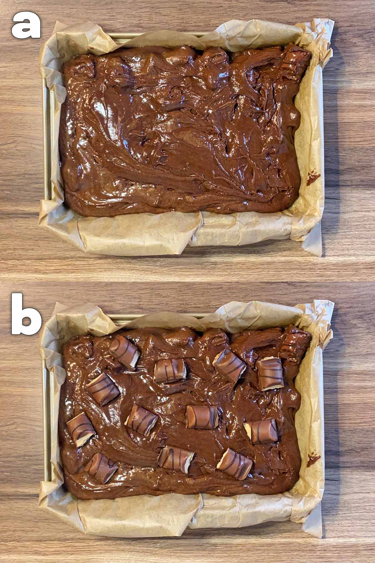Two shot collage of the brownie batter in a baking tray, then topped with Bueno pieces.