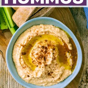 Butter bean hummus with a text title overlay.