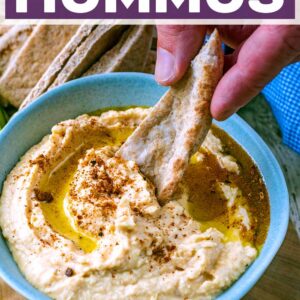 Butter bean hummus with a text title overlay.