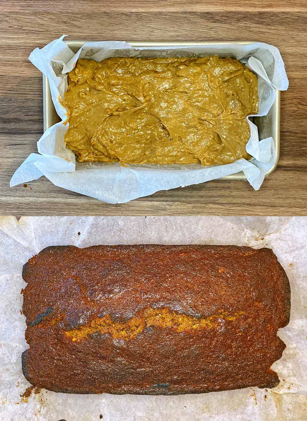 Two shot collage of a lined loaf tin filled with the cake batter, then cooked cake.