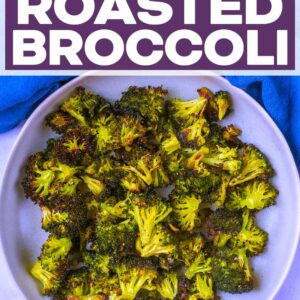 Crispy roasted broccoli with a text title overlay.