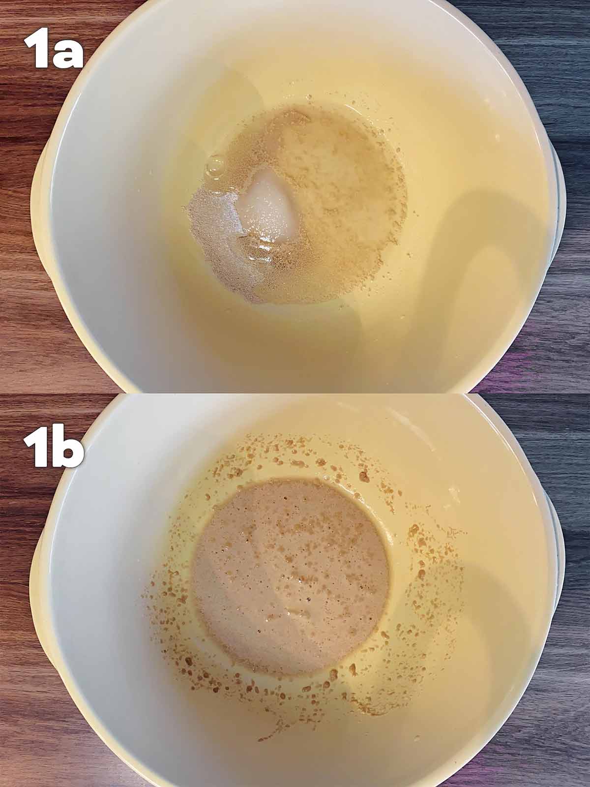 Two shot collage of yeast, sugar and water in a bowl, before and after mixing.
